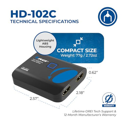 OREI 4K HDMI Splitter 1 in 2 Out - 1X2 HDMI Splitter for Dual Monitors Ultra HD 4K@30Hz with [ 2ft HDMI Cable ], 3D & 1080P Support for Xbox, PS4, Blu-ray, HDT, Will not Extend Display Screen | OREI 4K HDMI Splitter 1 in 2 Out - 1x2 HDMI Splitter for Dual