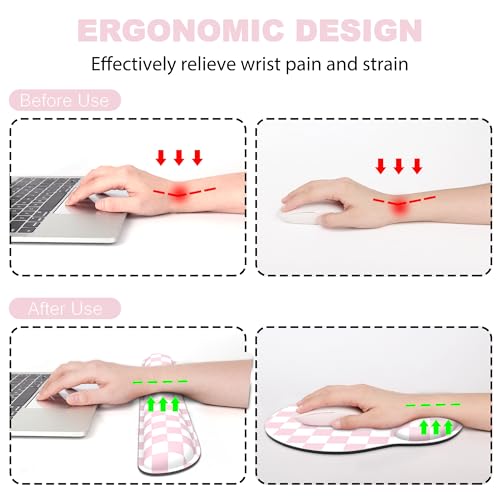 Ergonomic Mouse Pad with Wrist Rest and Keyboard Wrist Rest, Mousepad and Wrist Rest for Computer Keyboard, Pain Relief, Non-Slip Base, Mouse Pad with Wrist Support for Gaming, Office, Pink Checkered - color: Pink Checkered