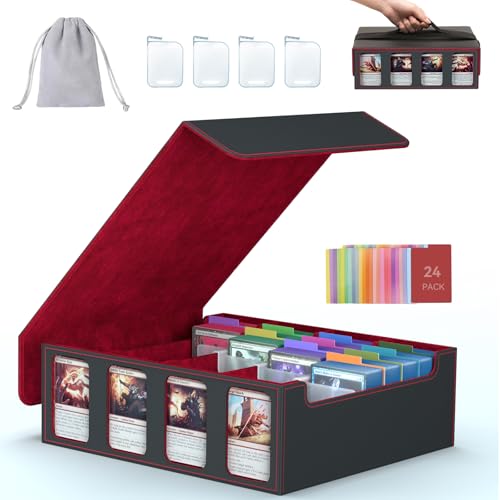 4-Row Trading Card Storage Box, Bulk Cards Case for 3200+ Mtg tcg Magic Playing Game Card Organizer, Commander Deck Box with 4 Supports & 24 Dividers & Strap - color: Red, size: 4-row