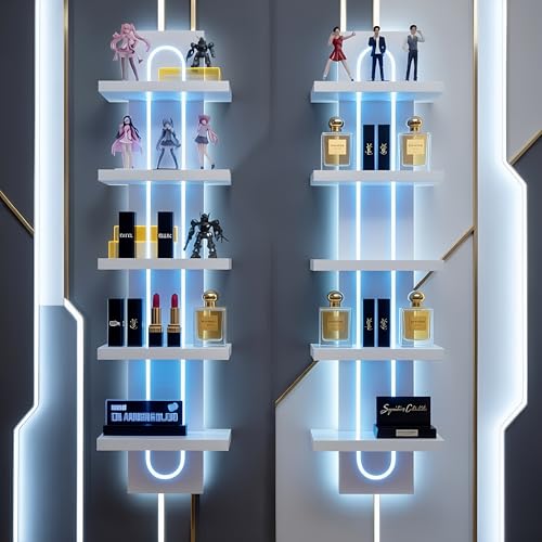 U-Shaped 5-Tier Compact Narrow RGB Light Wall Shelf White | Modern Vertical Shelf for Vanity, Ideal for Anime Figures, Perfumes, Cosmetics, Colleclibles - color: 4ur-white