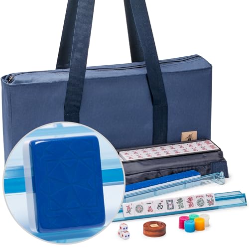 Yellow Mountain Imports American Mahjong Game Set, Santorini with Blue Soft Case - All-in-One Racks with Pushers, Wright Patterson Scoring Coins, Dice, & Wind Indicator - color: Blue