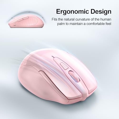 TECKNET Wireless Mouse, BT 5.0/2.4G, Silent 4800 DPI 6 Buttons, Pink | Bluetooth 5.0/3.0 & USB A, 2-Device Easy Switch, Wide OS Compatible, 6-DPI, Ergonomic for S/M Hands, Extended Battery - color: Pink