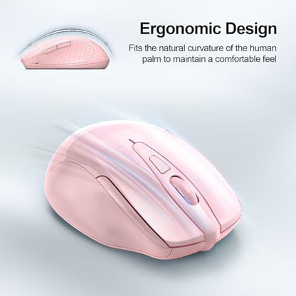 TECKNET Wireless Mouse, BT 5.0/2.4G, Silent 4800 DPI 6 Buttons, Pink | Bluetooth 5.0/3.0 & USB A, 2-Device Easy Switch, Wide OS Compatible, 6-DPI, Ergonomic for S/M Hands, Extended Battery - color: Pink