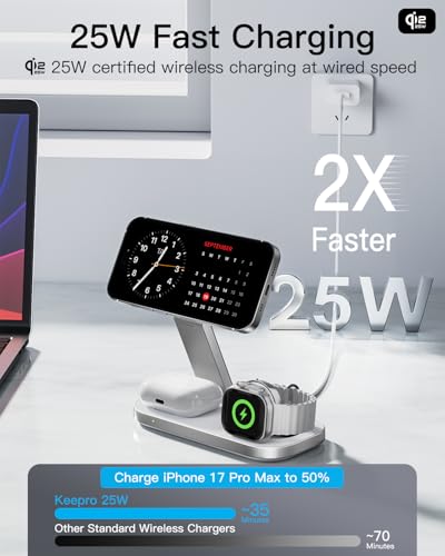 3-in-1 Charging Station for Apple Device, Qi2 25W Certified Magnetic Wireless Foldable Fast Charger Stand Compatible with MagSafe for iPhone 17e/17/16/15/14/13/12/Air Series, Apple Watch & AirPods - color: White+Silver