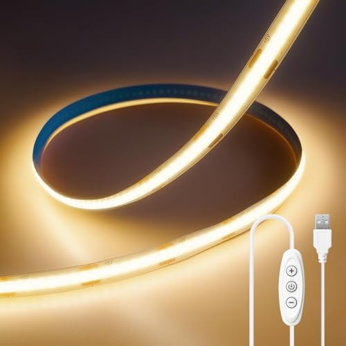 6.56FT COB LED Strip Lights Warm White 3000K USB LED Tape Lights | 640LEDs 5V USB LED Lights, High CRI 93+ Flexible Dimmable LED Light Strip for TV Backlight, Cabinet, Mirror, Bedroom Decor