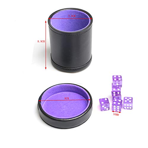 PU Leather Dice Cup Purple Velvet Lined Quiet Shaker with Lid Including 6 Purple Translucent Dice for Liars Dice Farkle Yahtzee Board Games - color: Purple