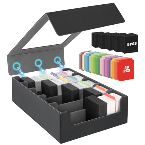 AOBOPLE Trading Card Storage Box,3900+Card Box Storage with 48 Dividers and 5 Foam Supporters PU Leather Magnetic Card Box for MTG TCG Magic and Sport Cards,Great Gift for Card Collectors - color: 3900+Black Grey