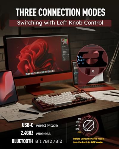 RK ROYAL KLUDGE M100 Wireless Mechanical Keyboard with Screen & Knobs, Red | RGB Gaming Keyboard with Number Pad, Bluetooth/2.4G/Wired, Hot Swappable Gasket Mount, Full Size for PC/Win/Mac, Cream Switch - color: Red