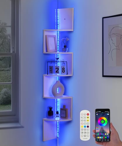 5 Tiers Corner Shelf with RGB LED Lights, 49.2" Wall Mount Floating Corner Display Shelf for Living Room Bedroom Home Office Decor, APP & Remote Control (White) - color: White
