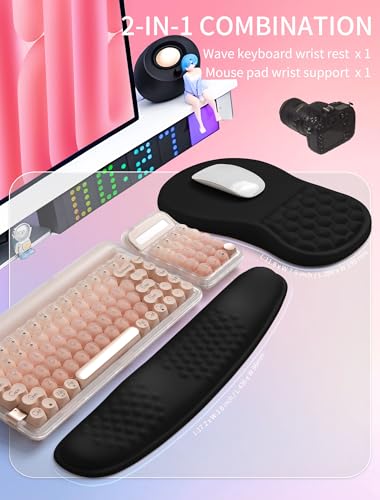 Hokafenle 2in1 Combination, Wave Keyboard Wrist Rest and Ergonomic Curvature Mouse Pad Wrist Support for Relieve Wrist Pain, Filled with Soft Cushion Memory Foam, Black - color: Black