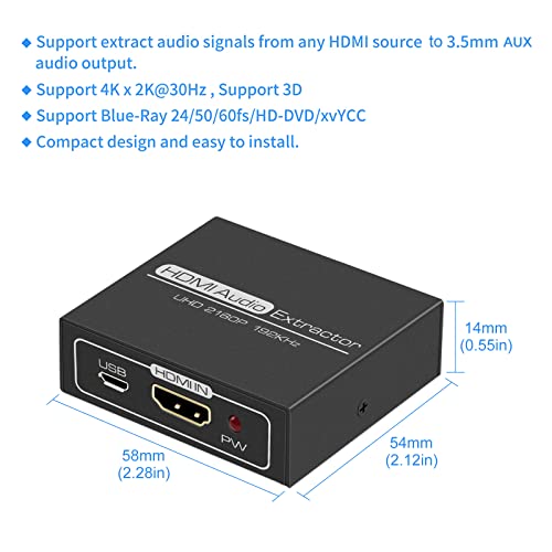 HDMI Audio Extractor 4K with 3.5mm AUX Stereo and L/R RCA Out Converter Adapter Splitter Support 4K 1080P 3D Compatable for PS3 Xbox Fire Stick - color: BLACK