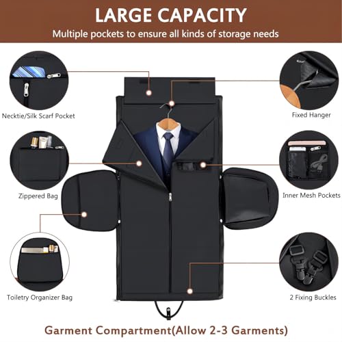 Garment Bag for Travel Convertible Carry on Travel Duffel Bag for Men Women | 3PCS Large Weekender Bag with Waterproof Shoes Pouch 2 in 1 Hanging Clothes Suit Dress Bag Travel Garment Duffel Bag 56L - color: A3-Black-Faux Leather