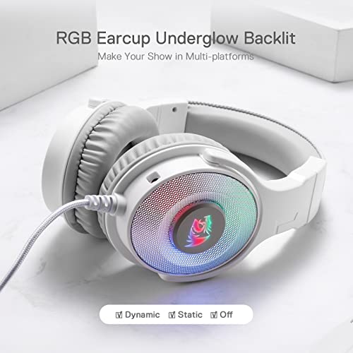 Redragon H350 White Wired Gaming Headset, Dynamic RGB Backlight - Stereo Surround-Sound - 50MM Drivers - Detachable Microphone, Over-Ear Headphones Works for PC/PS4/XBOX One/NS - color: White