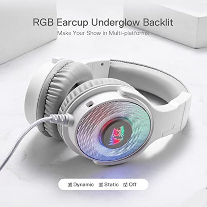 Redragon H350 White Wired Gaming Headset, Dynamic RGB Backlight - Stereo Surround-Sound - 50MM Drivers - Detachable Microphone, Over-Ear Headphones Works for PC/PS4/XBOX One/NS - color: White