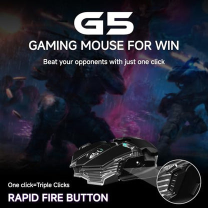 EWEADN G5 Tri-Mode Wireless Gaming Mouse, 12800 DPI Programmable Ergonomic Mouse with Metal Base for Stability, 500mAh Rechargeable, 8 Macro Buttons, Rapid Fire Key, RGB Backlit for FPS PC Mac - Black - color: Black