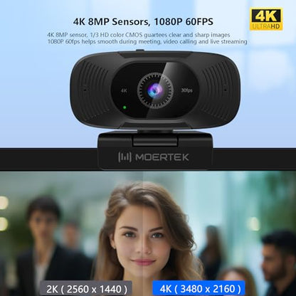 4K Webcam with Microphone, 1080P 60fps Webcam for PC, 8MP UHD 92° Wide Angle Len, Automatic Light Correction, USB Camera with Privacy Cover, External Computer Camera for Business Meeting/Video Call