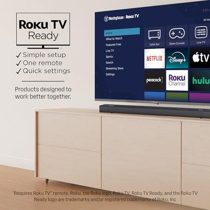 Westinghouse 3.1.2 All-in-One Soundbar with Built-in Subwoofer, Dolby Atmos & Digital Plus, Built-in Low Frequency Driver and Height Speakers, 210W Surround Sound, HDMI/eArc, Bluetooth, Roku TV Ready - size: 3.1.2 Channel All-in-One Soundbar