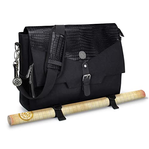 ENHANCE Collector's Edition RPG Player's Essentials DnD Bag - Dragon Hide Exterior Messenger Bag Fits 2-4 Books, Binders, Dice & Accessories, with 17 inch Laptop Slot, Battlemap Straps (Dragon Black) - color: Dragon Black