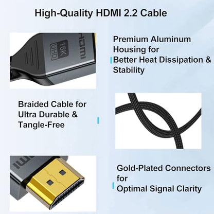 16K HDMI 2.2 Cable 3.3FT, 96Gbps Ultra High Speed 16K@60Hz 8K@120Hz 4K@480Hz HDMI Cord, HDCP 2.3 & HDR10 HDMI Cables for PS5/Xbox Series X|S/Roku TV/Gaming PC/Monitor/Blu-ray/Projector - size: 3.3 FT