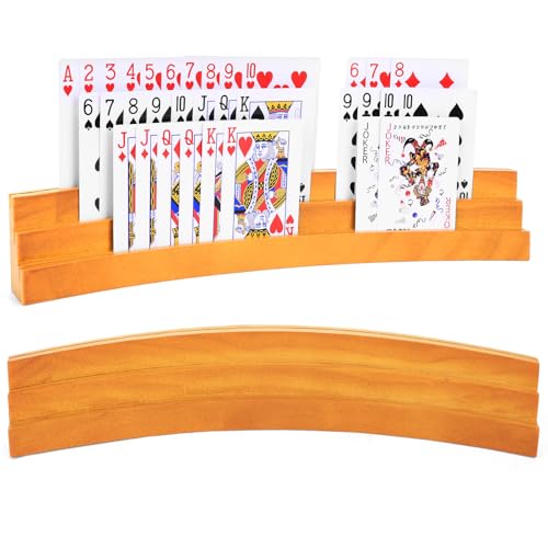 BOBOKA Curved Playing Card Holders for Kids Adults Seniors, Set of 2 Wood Cards Holders for Playing Cards, 3 Tiers, Hands Free Cards Holders for Family Card Game Night, Canasta, Bridge, Poker Parties - color: Dark Yellow, size: 2 Pack