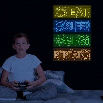4 Pcs Glow in The Dark Neon Game Wall Stickers, Boys Gamer Room Wall Decals, EAT Sleep Game Repeat Gaming Sticker, Kids Bedroom PlayRoom Nursery Decor, Blue - color: Luminescent-043wscp-multi