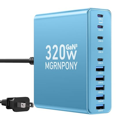 320W USB C Charger Block, 10-Port USB C Charging Station GaN III PD 65W PC Laptop Fast Charger Adapter for MacBook Pro/Air, DELL, iPad, iPhone, Samsung Galaxy (Light Blue) - color: Light Blue