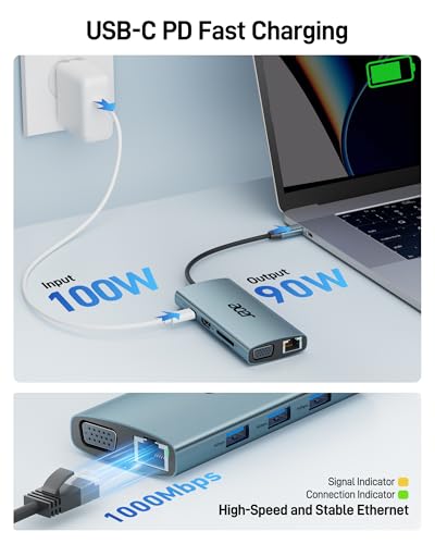 Acer USB C Hub with 4K HDMI, 9-in-1 Laptop Docking Station with 1080P VGA | USB C to Ethernet Adapter with 5Gbps 3×USB-A Data Transfer, 100W Max PD Port, SD/TF Card Reader for MacBook, Acer, 0.65ft