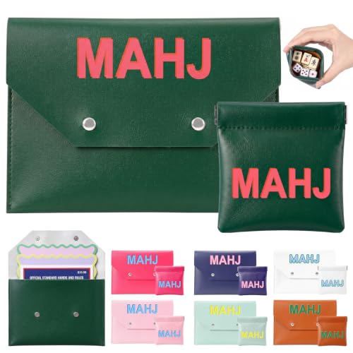 2 Pcs Leather Mahjong Card Bag Clutch Pouch Holder with PU Squeeze Dice Bag Mahjong Accessories Protector Cover Case for MAHJ Lover Playing Game Night (Dark Green) - color: Dark Green