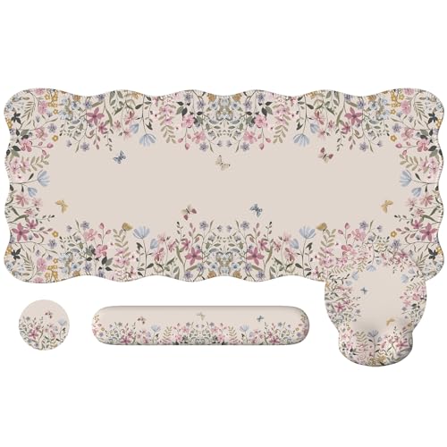 iCasso Desk Mat Set,Large Mouse Pad with Wrist Rest,Ergonomic Keyboard Wrist Support for Women,Girly Floral Computer Mat with Scalloped Edges,Non-Slip Desk Pad Home Office Gaming (Beige) - color: Beige