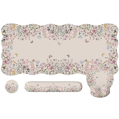 iCasso Desk Mat Set,Large Mouse Pad with Wrist Rest,Ergonomic Keyboard Wrist Support for Women,Girly Floral Computer Mat with Scalloped Edges,Non-Slip Desk Pad Home Office Gaming (Beige) - color: Beige