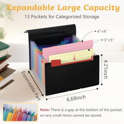 4x6 Index Card Holder Box Flash Note Card Organizer with Dividers | 3x5 Inch Flashcard Notecard Storage Case File Box with 13 Expandable Pockets Large Capacity Recipe Coupon Sticker Organizer