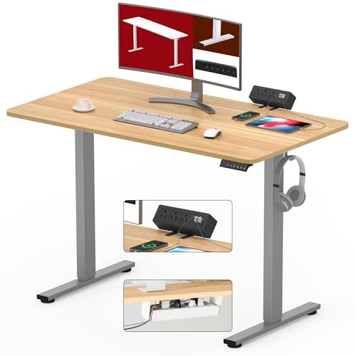 SANODESK Electric Standing Desk with Desk Clamp Power Strip 40"x 24" Whole-Piece Desktop Height Adjustable Stand Up Desk with Cable Management Sit Stand Home Office Desk Silver Frame/Maple Top - color: Silver Frame+maple Top, size: 40"x24"