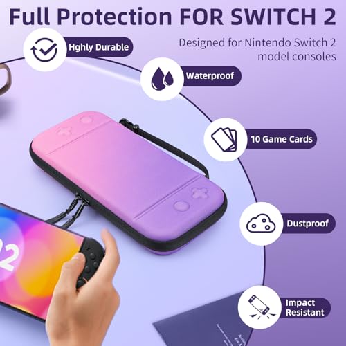 BRHE Switch 2 Carry Case Compatible with Nintendo Switch 2 Console,Large Capacity Switch 2 Case, Portable Hard NS 2 Travel Bag for Console & Accessories, 10 Game Card Slots (Pink Purple Gradient) - color: Pink Purple Gradient
