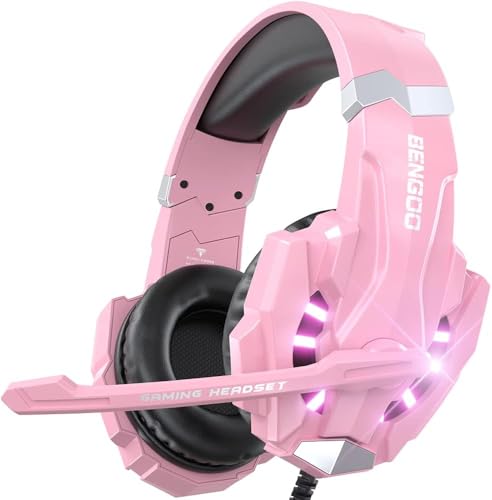 BENGOO G9000 Professional Gaming Headset for PS4, PC, Xbox One Controller, Noise Cancelling Over Ear Headphones with Mic, LED Light, Bass Surround, Soft Memory Earmuffs for Laptop - Pink - color: Pink