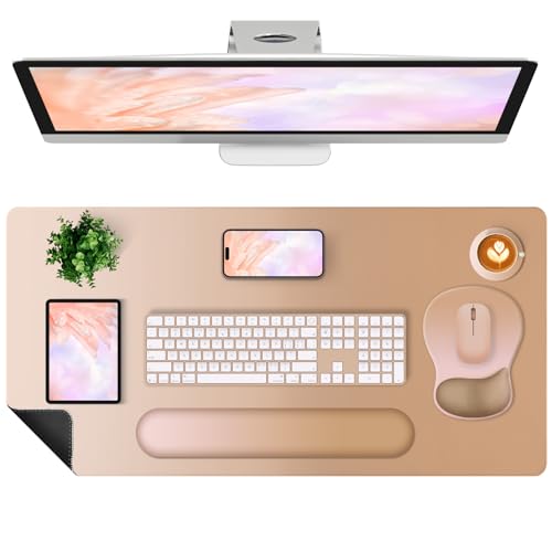4-in-1 Large Gaming Mouse Pad, Keyboard Wrist Rest Pad & Wrist Support Mousepad Set, Extended Desk Pad Waterproof Desk Mat Protector for Home Office Decor Study Game 35.4×15.7 Inches I Milk Tea Brown - color: Milk Tea Brown