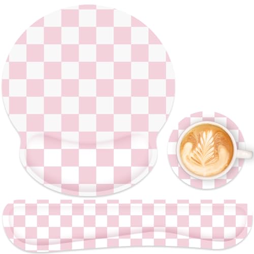 Ergonomic Mouse Pad with Wrist Rest and Keyboard Wrist Rest, Mousepad and Wrist Rest for Computer Keyboard, Pain Relief, Non-Slip Base, Mouse Pad with Wrist Support for Gaming, Office, Pink Checkered - color: Pink Checkered