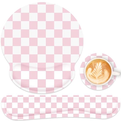 Ergonomic Mouse Pad with Wrist Rest and Keyboard Wrist Rest, Mousepad and Wrist Rest for Computer Keyboard, Pain Relief, Non-Slip Base, Mouse Pad with Wrist Support for Gaming, Office, Pink Checkered - color: Pink Checkered
