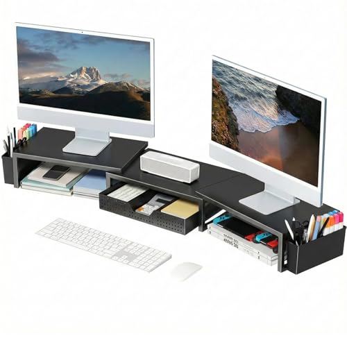 OPNICE Desk Organizers and Accessories, Dual Monitor Stand Riser with Drawer and 2 Pen Holders, Desk Shelf Computer Racks for Office Workspace Organizers, Desktop Organization (Black) - color: Black