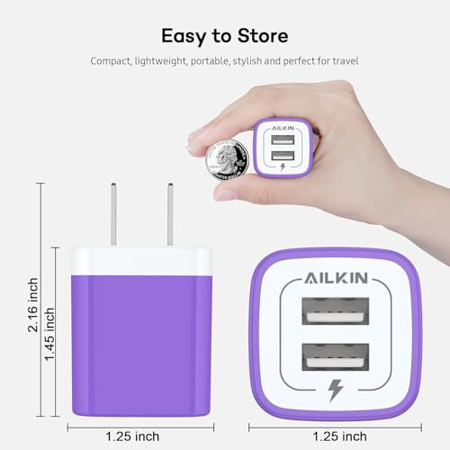 AILKIN USB Wall Charger, Charger Adapter, 2.1A Dual Port Quick Charger Plug | USB A Cube for iPhone, Samsung Galaxy Double USB A AC Power Adapter US Standard Travel Old Supply Box Charging Block - color: Purple, style: Block