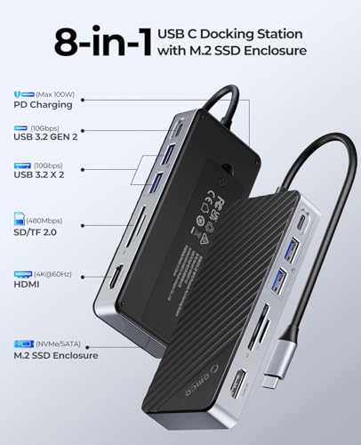ORICO USB-C Hub with M.2 SSD Enclosure, 8-in-1 USB C Docking Station Fits M.2 NVMe/SATA SSD, 10Gbps, 4K@60Hz HDMI, 100W PD, SD/TF Card Reader - style: with SD/TF