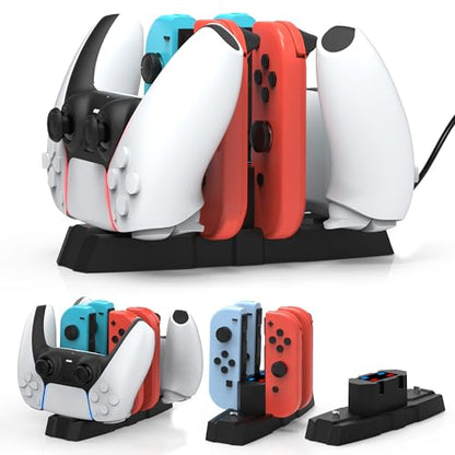 iPLYGAM Controller Charger Dock for Nintendo Switch Pro Controller/JoyCon, Controllers Charging Dock with LED Indicator and Charger Cable for PS5 Controllers, 6 in 1 Gamepad Charging Stand