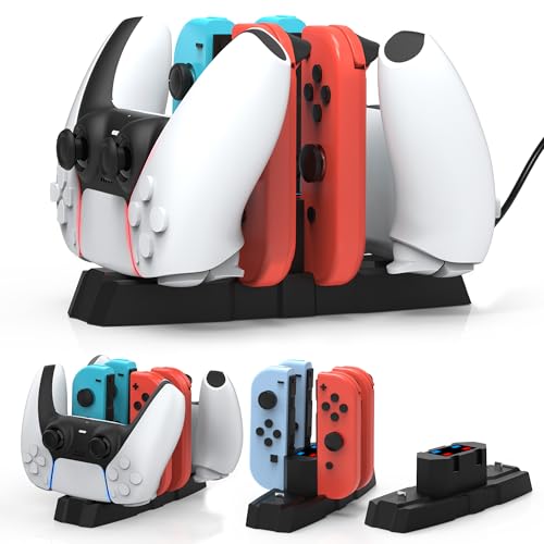 iPLYGAM Controller Charger Dock for Nintendo Switch Pro Controller/JoyCon, Controllers Charging Dock with LED Indicator and Charger Cable for PS5 Controllers, 6 in 1 Gamepad Charging Stand