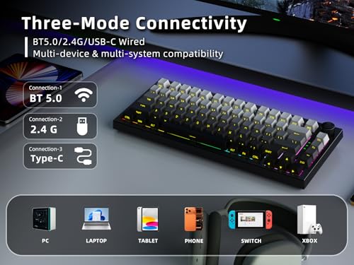 Gurjot Wireless Mechanical Keyboard, 75% Hot Swappable Custom Keyboard with Knob,PBT Keycaps,BT5.0/2.4GHz/USB-C,RGB Backlit, Mechanical Gaming Keyboards for PC/Tablet/PS/Xbox - color: Black gradient gray