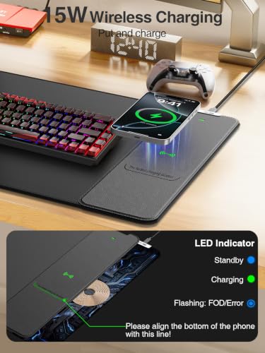 Wireless Charging Mouse Pad, 31.5"x15.8" Large Desk Mat, Smooth Glide | Waterproof Mousepad, Stitched Edge, Non-Slip Rubber Base, Desk Pad Computer Keyboard Mat, No Adapter - color: Black-31.5"x15.8"-Right