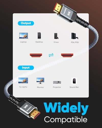 Highwings 8K@60 HDMI Cable 8FT/2.5M, 48Gbps High Speed HDMI Braided Nylon | Ultra HD 4K120 144Hz RTX 3090 eARC HDR10 4:4:4 HDCP 2.2&2.3 Compatible for PS5, PS4, UHD TV and PC - size: 8 feet