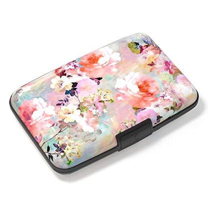 Credit Card Holder, Mini Aluminum Card Wallet RFID Blocking Slim Metal Hard Card Case for Women Men, Pink Flowers - color: Pink Flowers