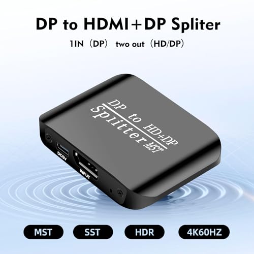 ACHAVE DisplayPort to HDMI and DisplayPort Splitter, 4K MST Hub, Black Metal, 1 Input 2 Output Adapter, Video Signal Converter for PC and 2 Monitors (MacOS Only Supports SST Mode)