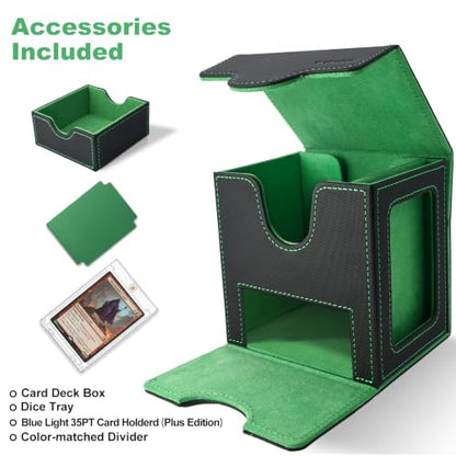 Commander Deck Box for MTG/PTCG/TCG - Patent Pending, Black Green | Card Deck Box with Display Fits 100+ Double-Sleeved Cards, Magnetic Trading Card Box with Dice Tray & 35PT Card Holder - color: Black Green