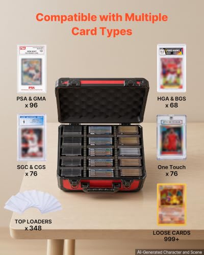 VEVOR Graded Card Case 3 Row 96 PSA Slab Storage Box with Secure Lock, Baseball Sports Trading Cards Holder Collector with 12 Dividers, Key, Holds 76 SGC 68 BGS 348 Top Loaders and 999+ Loose Cards