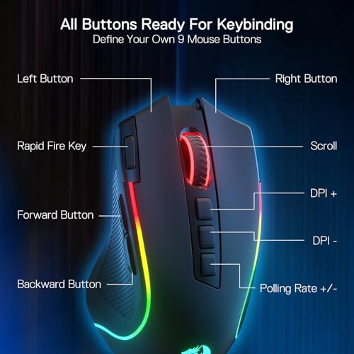 Redragon M612 Wireless RGB Optical Gaming Mouse 8000 DPI Remapping Keys | Cable-Free 0 Delay, Redefine Keybinding Macro, Vibing Backlight, Ergonomic Grip Body Comfort - color: Black, style: Wireless